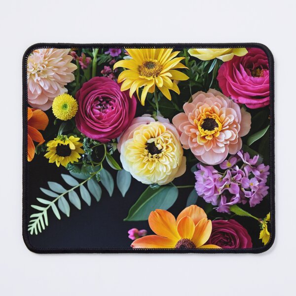 Item preview, Bright and colorful floral arrangement with various blooms and foliage on a dark background designed and sold by Giuseppe Cammino.