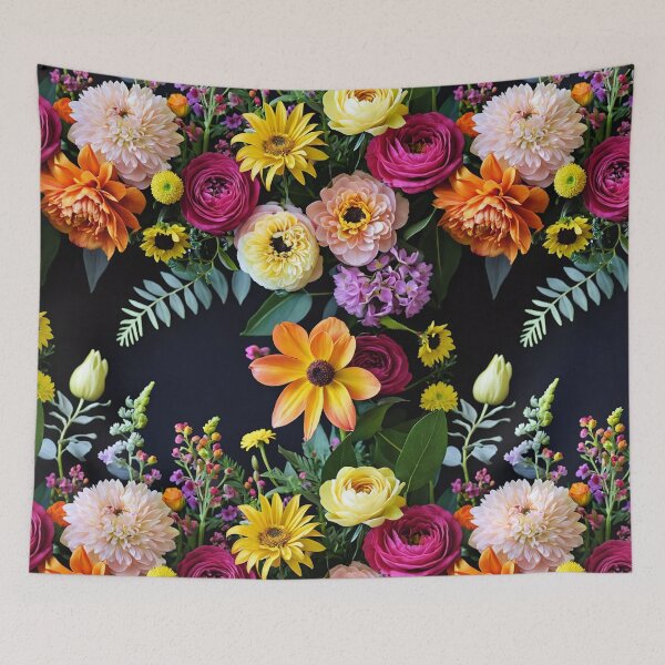 Item preview, Bright and colorful floral arrangement with various blooms and foliage on a dark background designed and sold by Giuseppe Cammino.