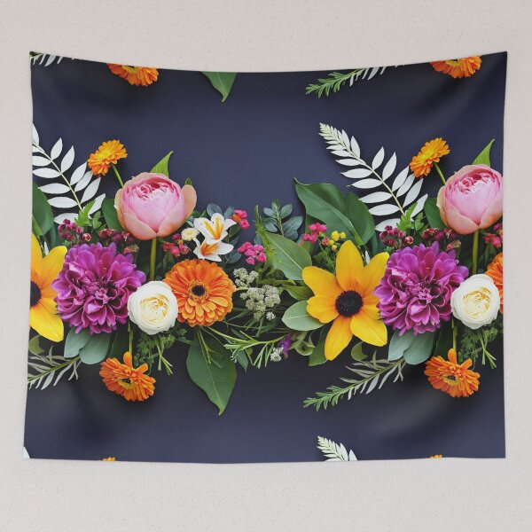Item preview, Bright and colorful floral arrangement with various blooms and foliage on a dark background designed and sold by Giuseppe Cammino.