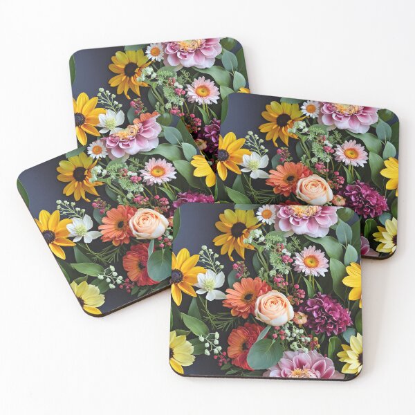 Item preview, Bright and colorful floral arrangement with various blooms and foliage on a dark background designed and sold by Giuseppe Cammino.
