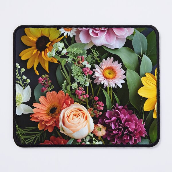 Item preview, Bright and colorful floral arrangement with various blooms and foliage on a dark background designed and sold by Giuseppe Cammino.