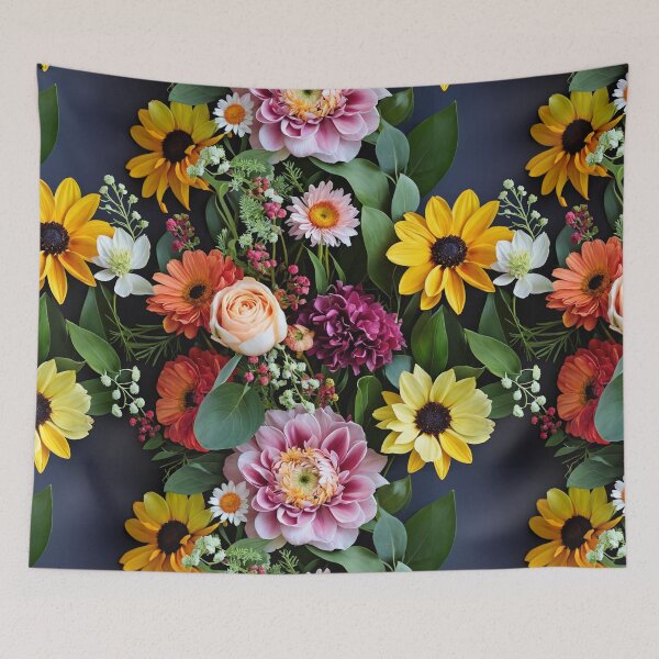 Item preview, Bright and colorful floral arrangement with various blooms and foliage on a dark background designed and sold by Giuseppe Cammino.