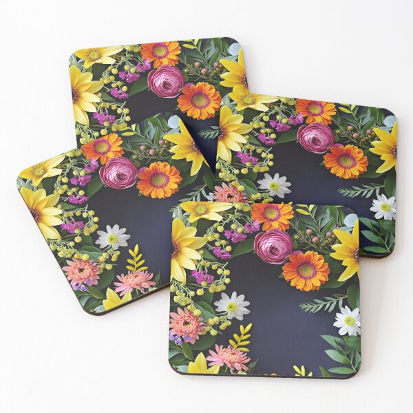 Item preview, Bright and colorful floral arrangement with various blooms and foliage on a dark background designed and sold by Giuseppe Cammino.