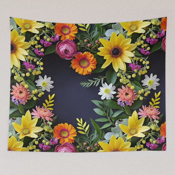 Item preview, Bright and colorful floral arrangement with various blooms and foliage on a dark background designed and sold by Giuseppe Cammino.