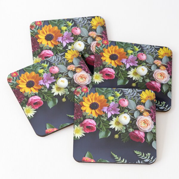 Item preview, Bright and colorful floral arrangement with various blooms and foliage on a dark background designed and sold by Giuseppe Cammino.