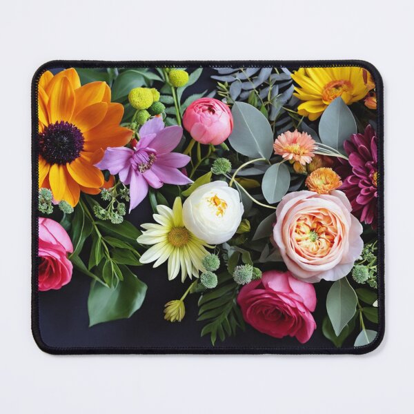 Item preview, Bright and colorful floral arrangement with various blooms and foliage on a dark background designed and sold by Giuseppe Cammino.