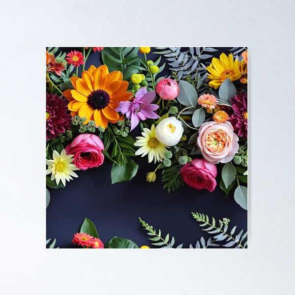 Item preview, Bright and colorful floral arrangement with various blooms and foliage on a dark background designed and sold by Giuseppe Cammino.