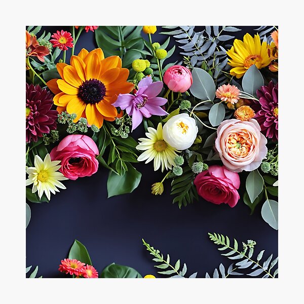 Item preview, Bright and colorful floral arrangement with various blooms and foliage on a dark background designed and sold by Giuseppe Cammino.