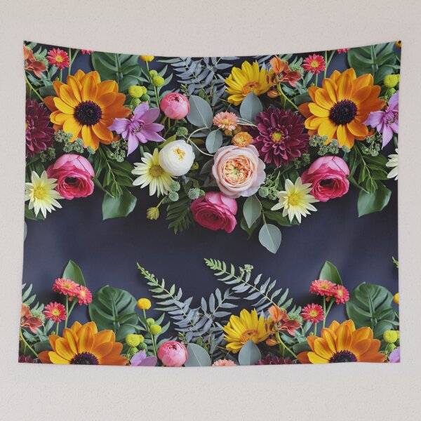 Item preview, Bright and colorful floral arrangement with various blooms and foliage on a dark background designed and sold by Giuseppe Cammino.