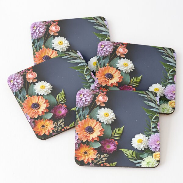 Item preview, Bright and colorful floral arrangement with various blooms and foliage on a dark background designed and sold by Giuseppe Cammino.