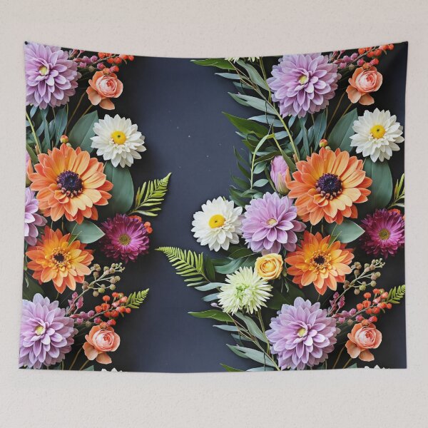 Item preview, Bright and colorful floral arrangement with various blooms and foliage on a dark background designed and sold by Giuseppe Cammino.