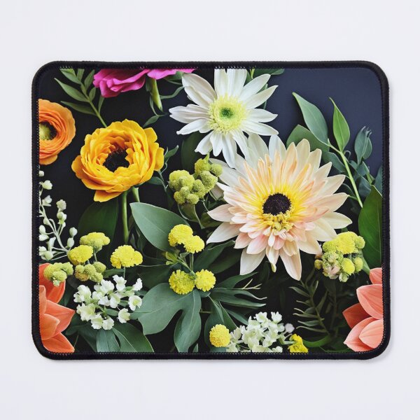 Item preview, Bright and colorful floral arrangement with various blooms and foliage on a dark background designed and sold by Giuseppe Cammino.