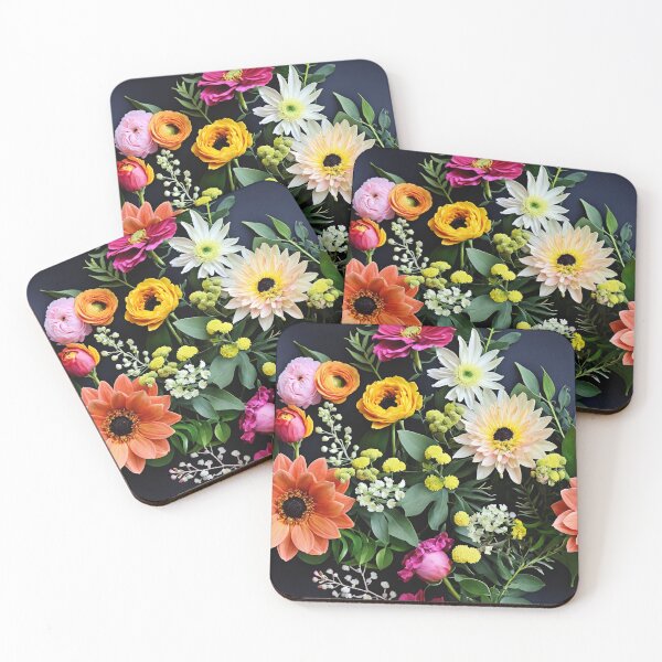 Item preview, Bright and colorful floral arrangement with various blooms and foliage on a dark background designed and sold by Giuseppe Cammino.