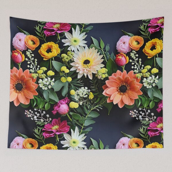 Item preview, Bright and colorful floral arrangement with various blooms and foliage on a dark background designed and sold by Giuseppe Cammino.