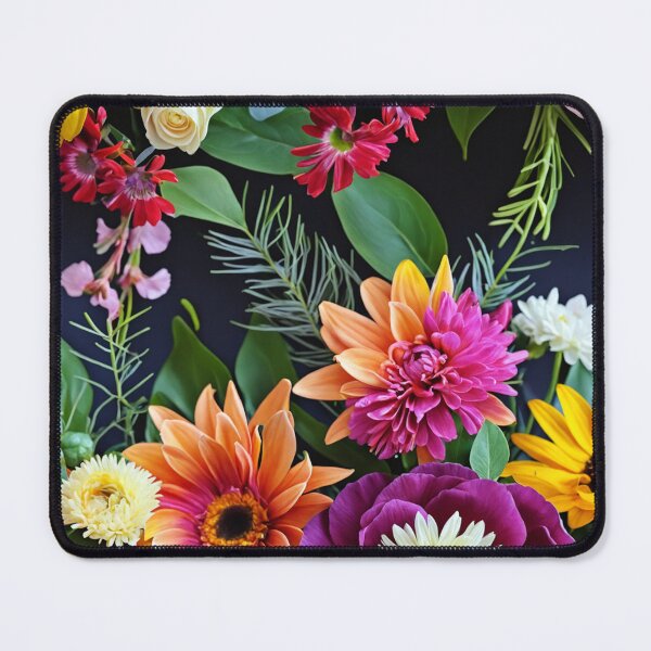 Item preview, Bright and colorful floral arrangement with various blooms and foliage on a dark background designed and sold by Giuseppe Cammino.