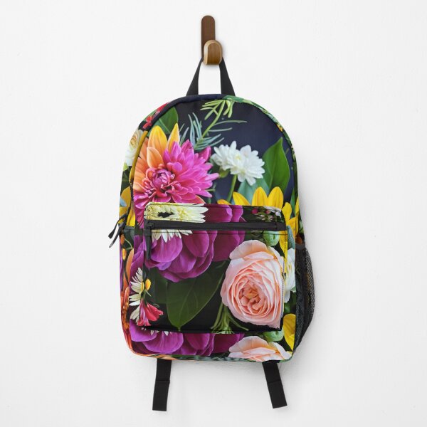 Item preview, Bright and colorful floral arrangement with various blooms and foliage on a dark background designed and sold by Giuseppe Cammino.