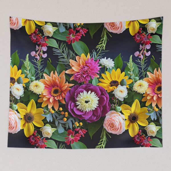 Item preview, Bright and colorful floral arrangement with various blooms and foliage on a dark background designed and sold by Giuseppe Cammino.