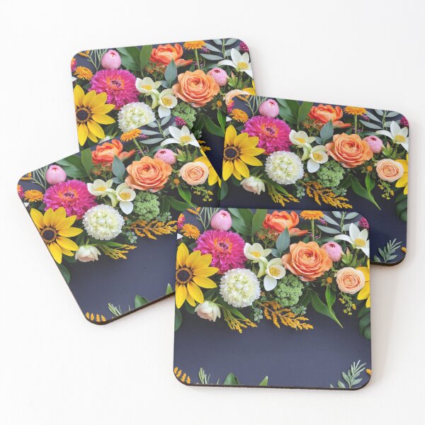Item preview, Bright and colorful floral arrangement with various blooms and foliage on a dark background designed and sold by Giuseppe Cammino.