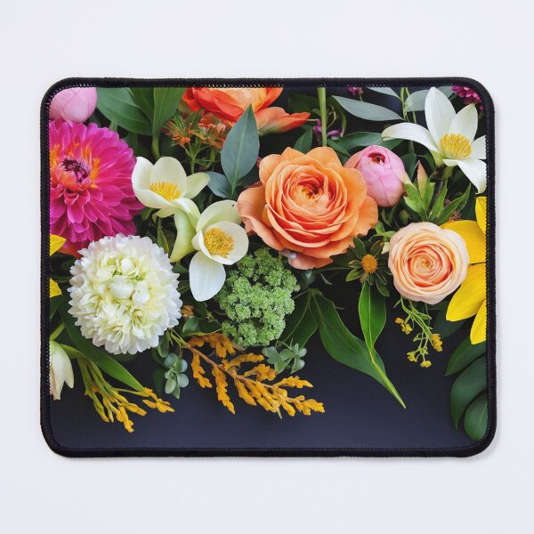 Item preview, Bright and colorful floral arrangement with various blooms and foliage on a dark background designed and sold by Giuseppe Cammino.