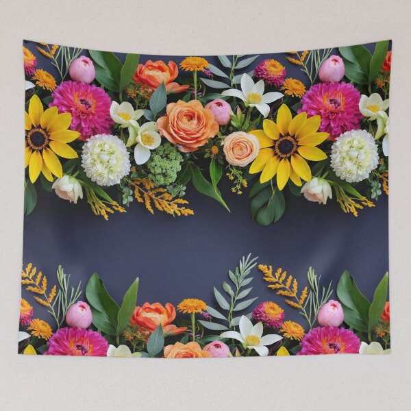 Item preview, Bright and colorful floral arrangement with various blooms and foliage on a dark background designed and sold by Giuseppe Cammino.