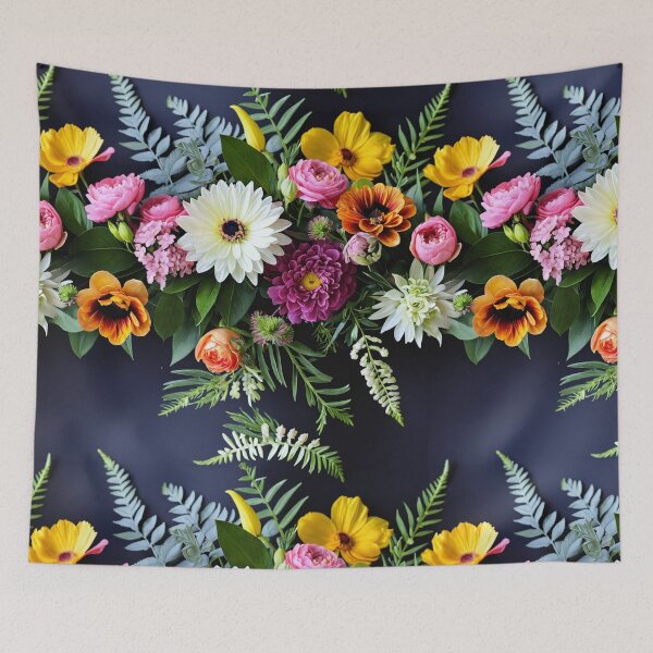 Item preview, Bright and colorful floral arrangement with various blooms and foliage on a dark background designed and sold by Giuseppe Cammino.
