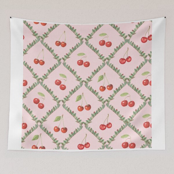 Item preview, Pretty vintage cherries and green leaves trellis pattern - cream red green designed and sold by Bloomery Decor.