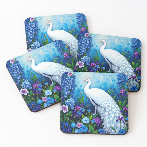 Item preview, Watercolour white peacock in blue and purple floral garden designed and sold by EmeraldeaArt.