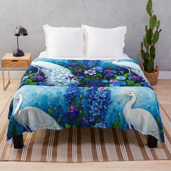 Item preview, Watercolour white peacock in blue and purple floral garden designed and sold by EmeraldeaArt.