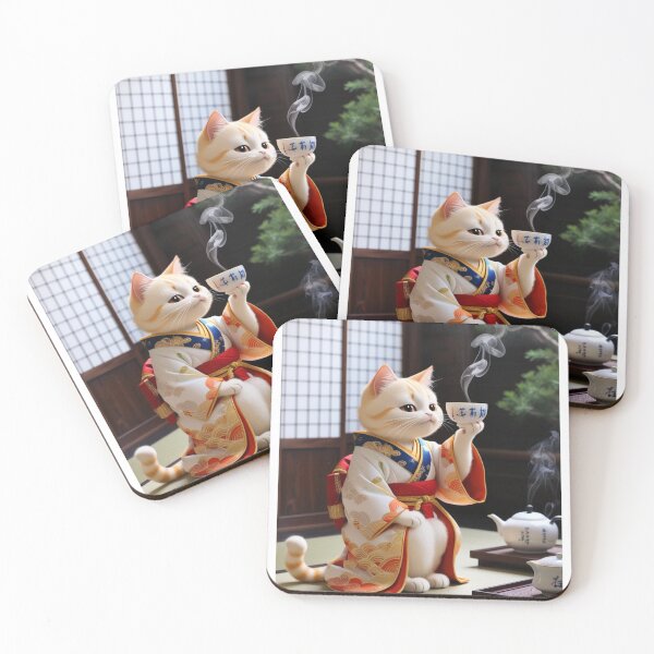 Item preview, Serene Japanese Anime Cat in Kimono - Whimsical Tea Time Art designed and sold by Animals Wearing Glasses.