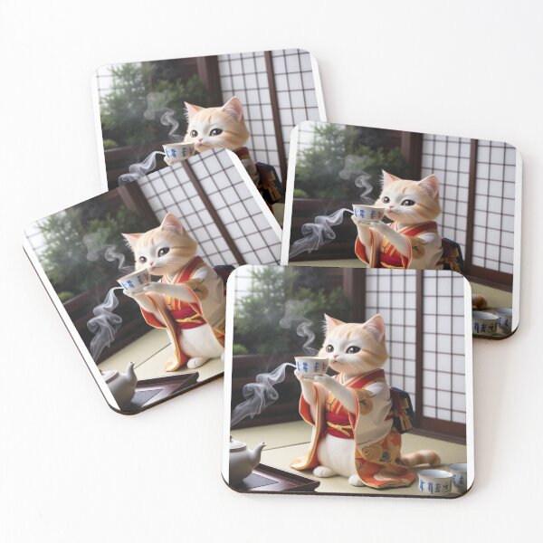 Item preview, Serene Japanese Anime Cat in Kimono - Whimsical Tea Time Art designed and sold by Animals Wearing Glasses.