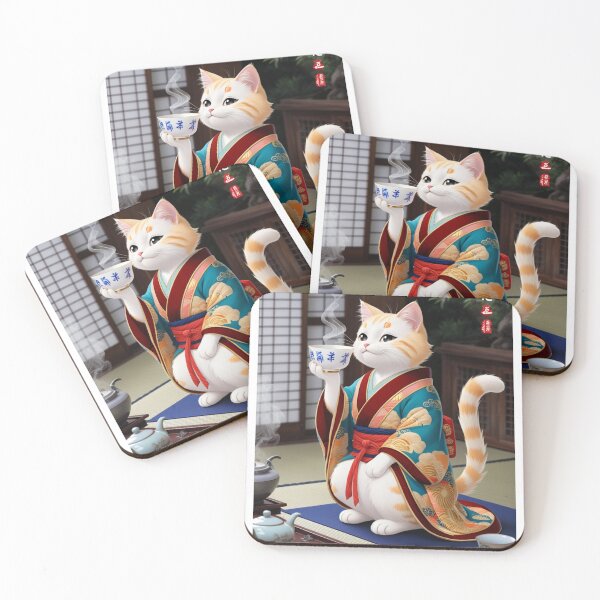 Item preview, Serene Japanese Anime Cat in Kimono - Whimsical Tea Time Art designed and sold by Animals Wearing Glasses.