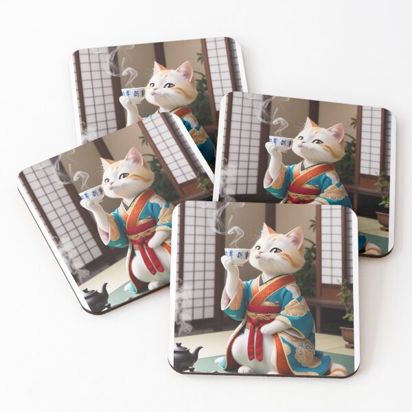 Item preview, Serene Japanese Anime Cat in Kimono - Whimsical Tea Time Art designed and sold by Animals Wearing Glasses.