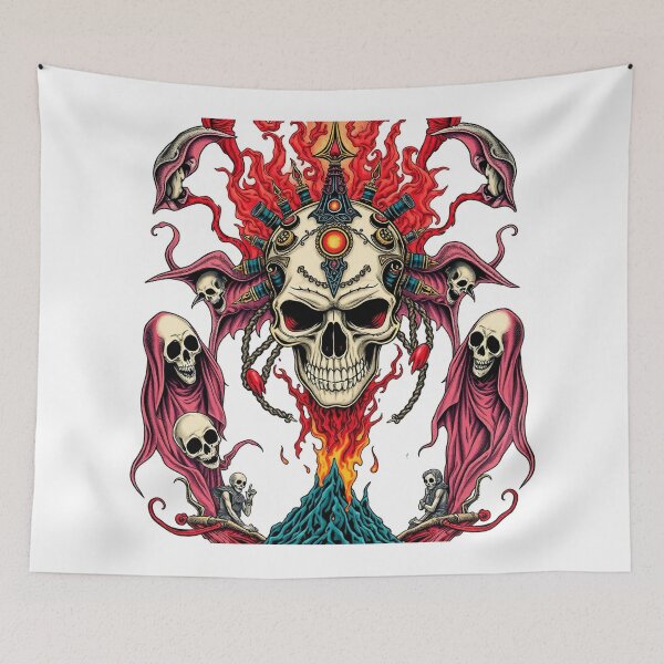 Item preview,  Demonic Flaming Evil Heavy Metal Skull Graphic design illustration designed and sold by Vintage Designs +.