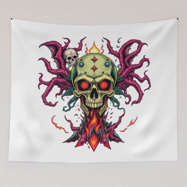 Item preview, Demonic Flaming Evil Heavy Metal Skull Graphic design illustration designed and sold by Vintage Designs +.
