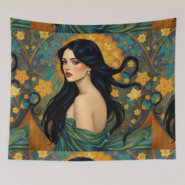Item preview,  Beautiful Dark haired lady illustration inspired by Gustav Klimt designed and sold by Vintage Designs +.