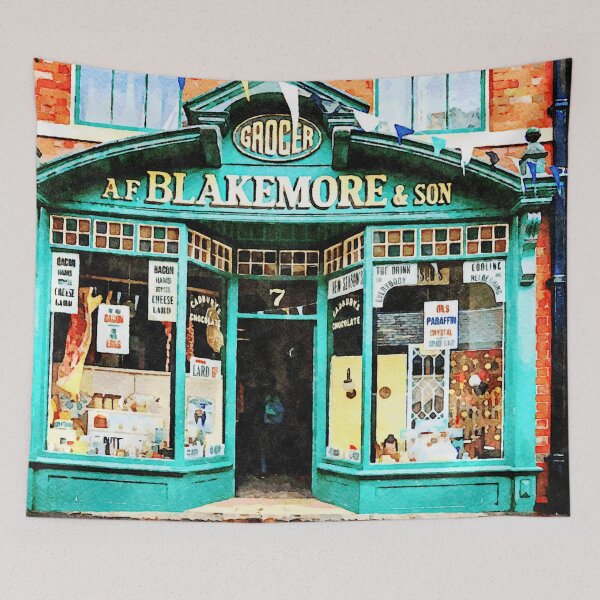 Item preview, Charming vintage grocery store facade with nostalgic signage designed and sold by GestaltImagery.