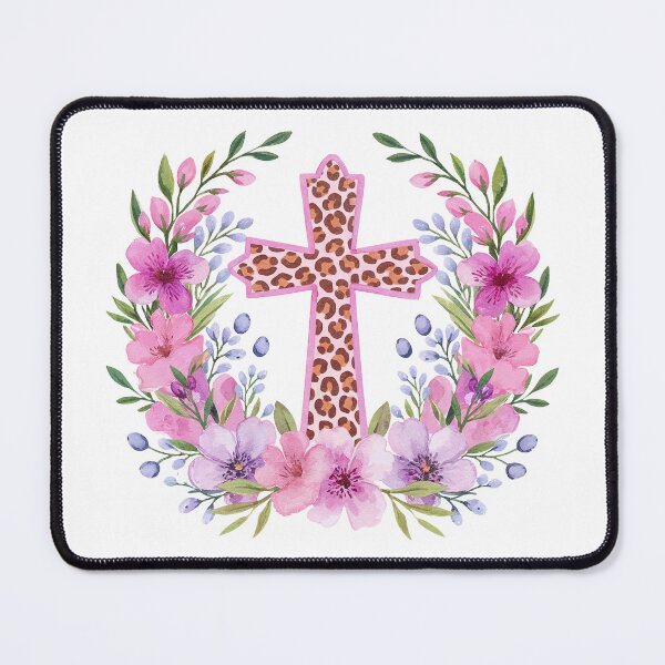 Item preview, Leopard Print Cross with Floral Easter Wreath designed and sold by Cristina Galerina.
