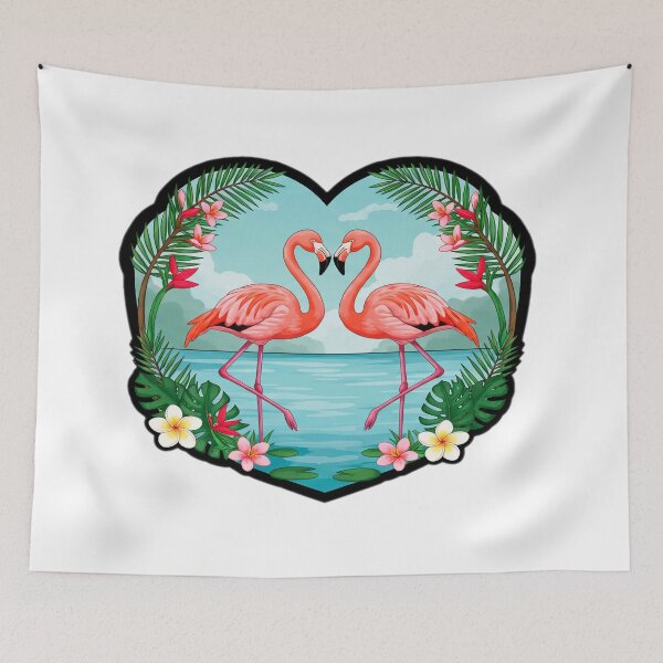 Item preview, Romantic Flamingo Love with Heart Frame, Tropical Flowers, and Lush Green Palm Leaves designed and sold by KreaDesignOne.
