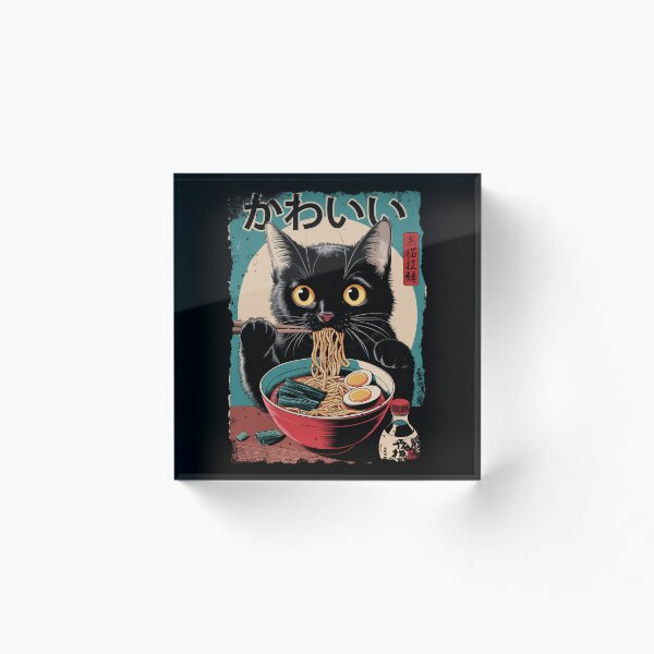 Aperçu de l'œuvre Chat noir kawaii mangeant des ramen, art mignon de nouilles japonaises vintage créée et vendue par Damcoc.