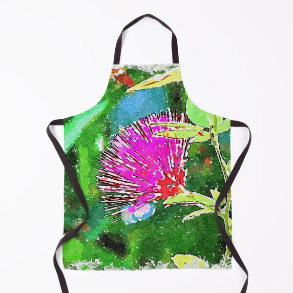 Item preview, Vibrant watercolor of a red powder puff flower in a lush garden setting designed and sold by GestaltImagery.