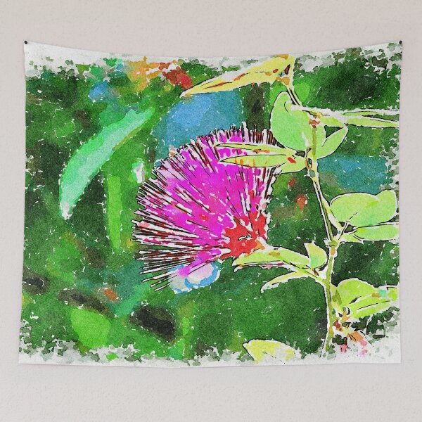 Item preview, Vibrant watercolor of a red powder puff flower in a lush garden setting designed and sold by GestaltImagery.