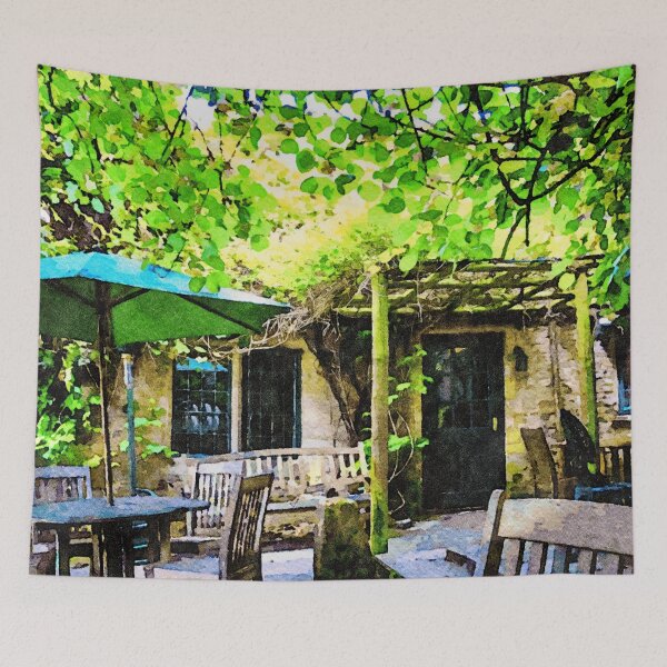 Item preview, Charming garden patio in picturesque Cotswolds watercolor paintiing designed and sold by GestaltImagery.