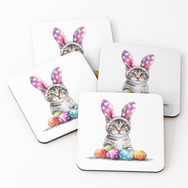 Item preview, Cute cat with pink bunny ears and colorful Easter eggs designed and sold by creationen-surihs.