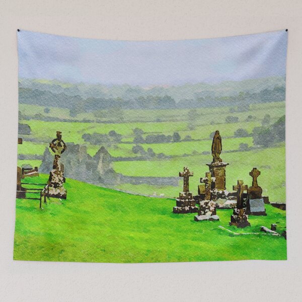 Item preview, Watercolor depiction of Rock of Cashel cemetery in Ireland's lush landscape designed and sold by GestaltImagery.