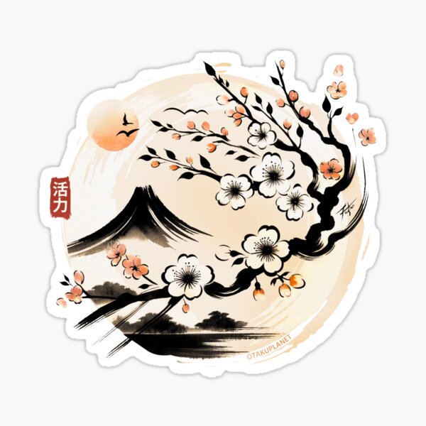Vista previa del artículo con la obra «Diseño retro de flor de sakura en flor japonesa Sumi-e», diseñado y vendido por Fayçal Kab.