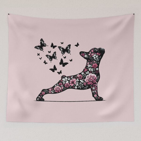 Item preview, French bulldog silhouette and pink tropical flowers, French bulldog lovers, gift for French bulldog  lovers designed and sold by Collagedream.