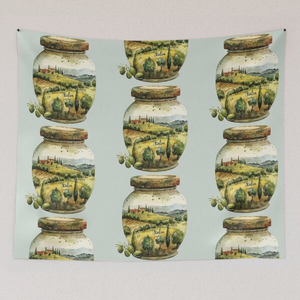 Item preview, Olive Jar with Italia text in a beautiful landscape watercolor designed and sold by EmeraldeaArt.