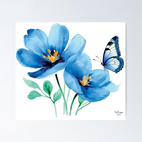 Item preview,  Blue Flowers and Butterfly – Watercolor Illustration designed and sold by thejugglerofdreams.