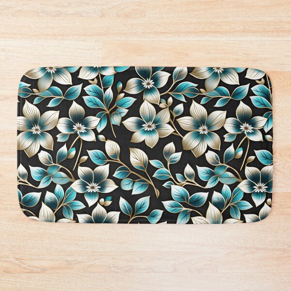 Item preview, Retro Floral Motifs in Teal and Turquoise on Black Canvas designed and sold by Juliette Ozkalfayan.