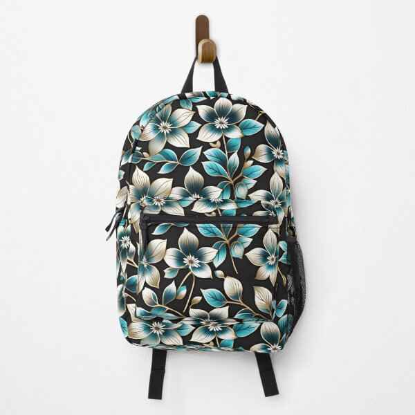 Item preview, Retro Floral Motifs in Teal and Turquoise on Black Canvas designed and sold by Juliette Ozkalfayan.